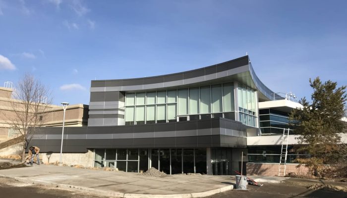 a building with a parking lot